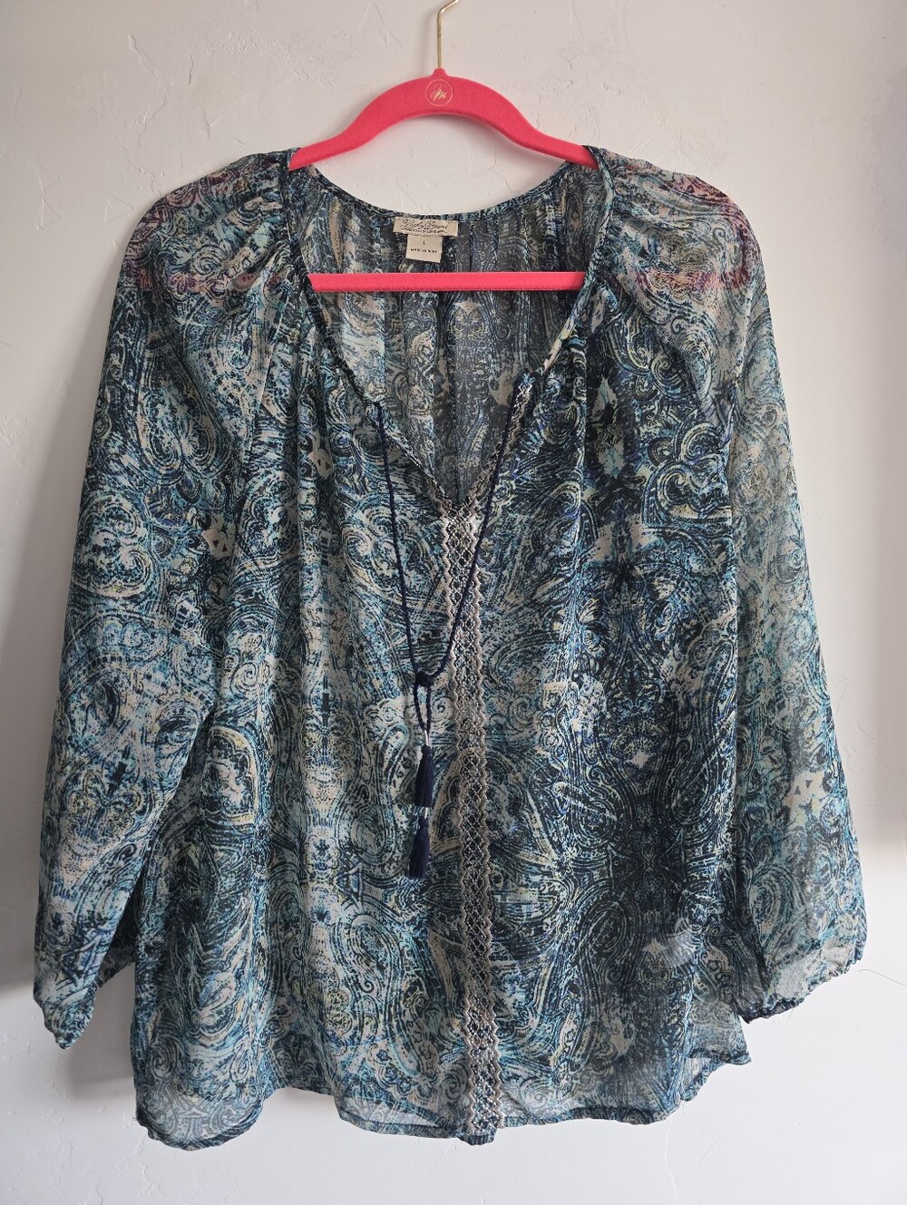 Lucky Brand Sheer Paisley Tie-Neck Blouse in Teal and Navy
